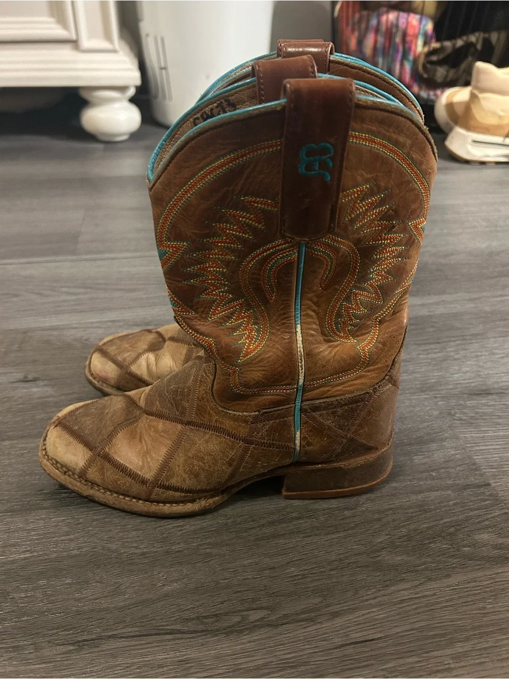 Anderson Bean Brown Kids Cowboy Boots with Turquoise Piping( left side sizing)